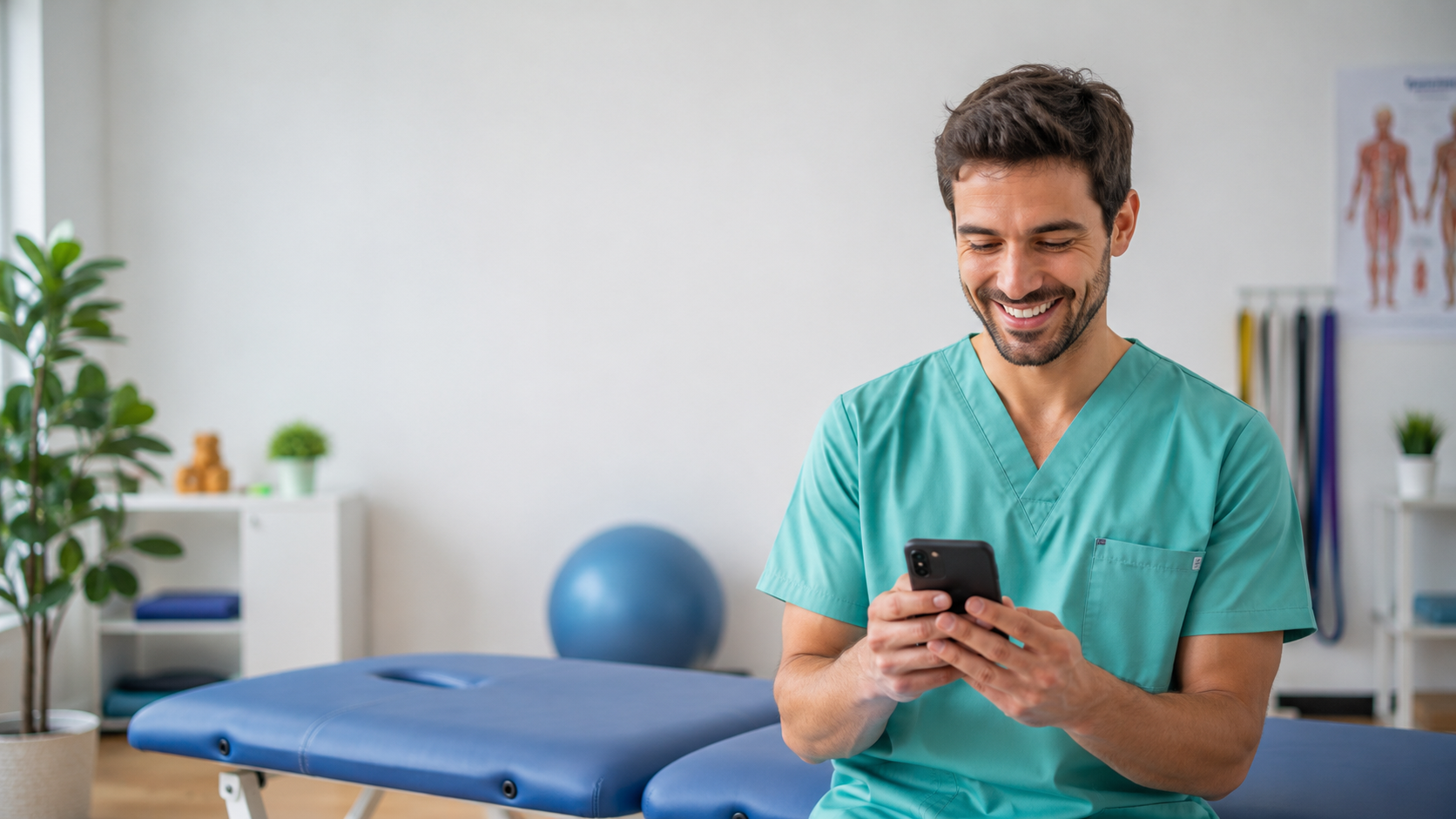 Fisioterapeuta en su consultorio sonriendo mientras usa WhatsApp en su celular